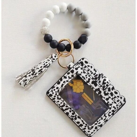 Brown Cow Print ID Card Holder With Tassel & Beaded Keychain Bracelet Wristlet W - Picture 2 of 3